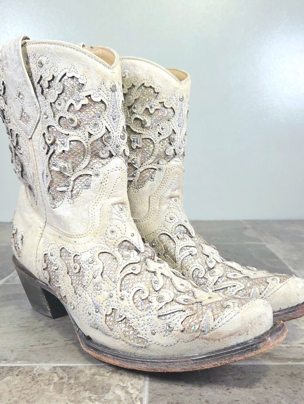 CORRAL INLAY & CRYSTAL WHITE BONE WESTERN BOOTS A3550.